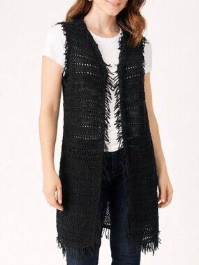 Chicos Francine Fringe Vest Sweater Size 0 (S) Open Knit Long Black Duster